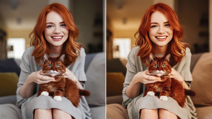 Фотография приятная модель, держащая красную кошку на коленях.