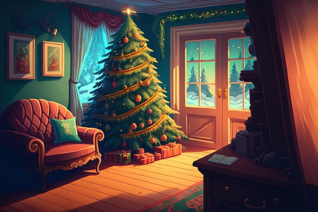 Приятный интерьер новогоднего дома с елкой и гирляндами