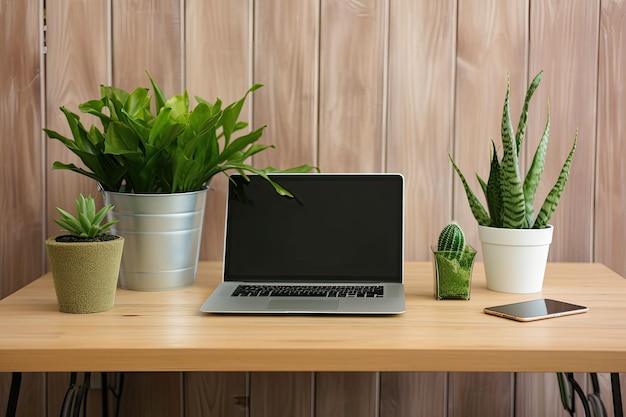 나무 탁자 위에 녹색으로 된 노트북 화초가 있는 프리랜서를 위한 쾌적한 사무실