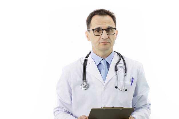 Pleasant senior age doctor in white coat, stethoscope friendly