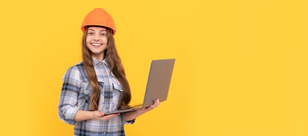 Pleasant smile building and construction webinar child worker wear hardhat Child in hard hat horizontal poster design Banner header copy space