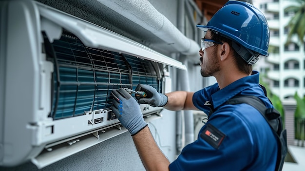 A pleasant wellgroomed man with a mustache performing AC maintenance services with a big copy space Generative AI