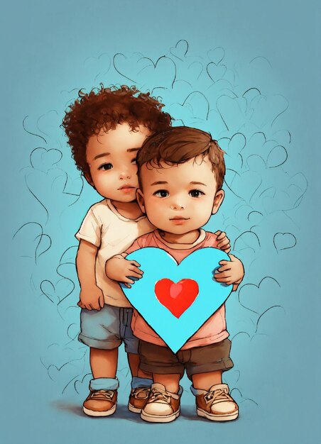 Please generate a drawing of children and toddlers with a symbol of broken hearts on their chests