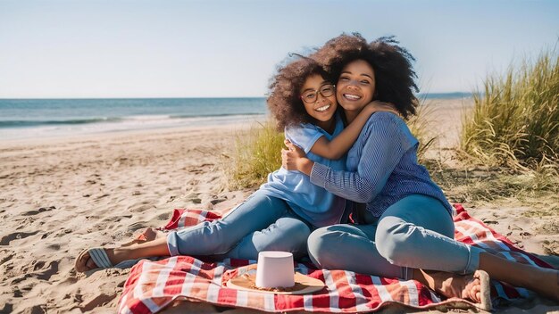 写真 浜辺でピクニックをしている幸せなアフリカ系アメリカ人家族