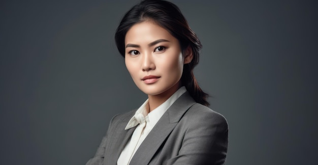 Pleased asian business woman with crossed arms looking at the camera over gray background