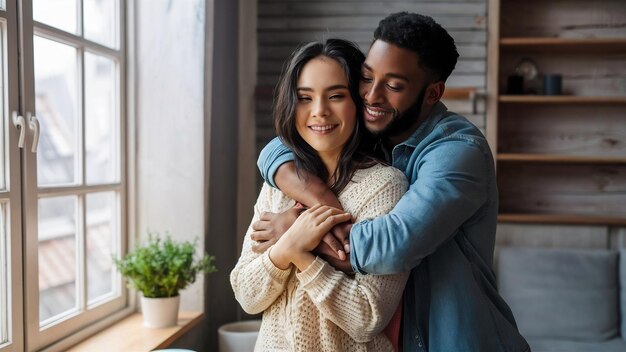 Pleased dark skinned young woman gives warm hug to her boyfriend being pleased pose near window