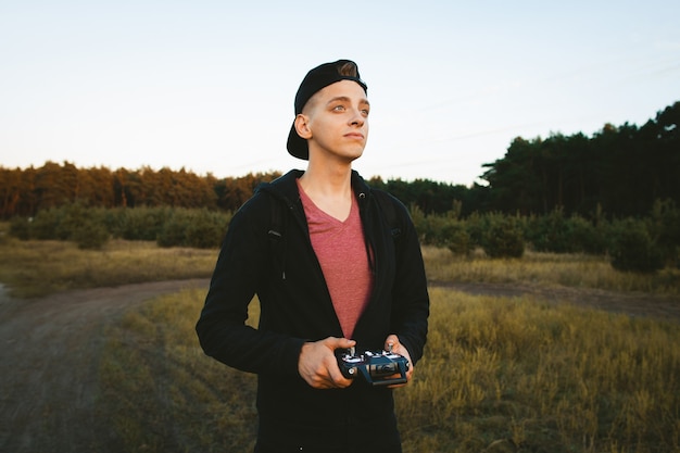 Pleased man looking for his new drone run.