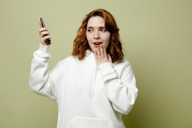 Piacere di mettere la mano sul mento giovane donna che indossa un maglione bianco tenendo il telefono isolato su sfondo verde