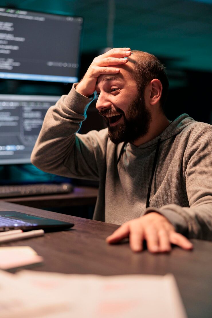 Photo pleased smiling coder celebrating data script success, feeling happy about programming source code on computer. cheerful web developer enjoying coding achievement after hours, ai network.
