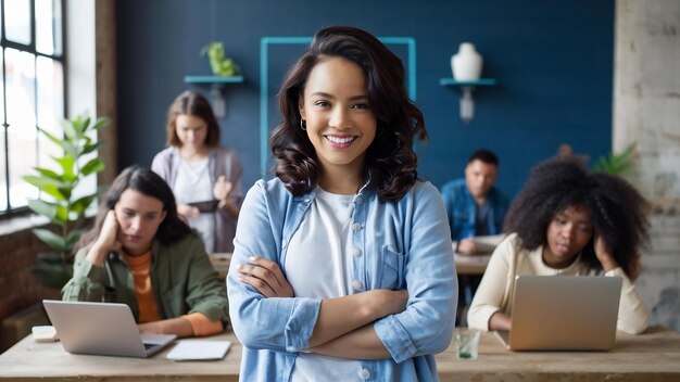 Pleased woman with lightbrown skin posing with crossed arms and smiling while people behind her w