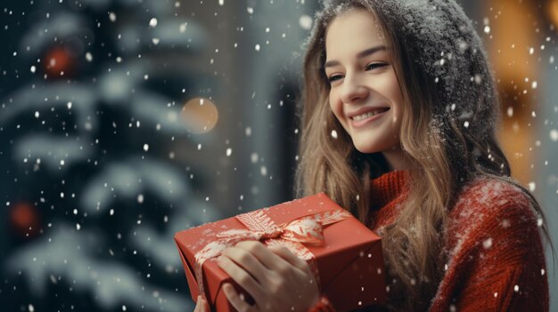 Pleased young woman receiving gift at the street against decorated showcase High quality photo