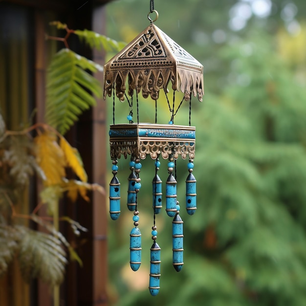 Photo pleasing blue wind chime hanging from roof