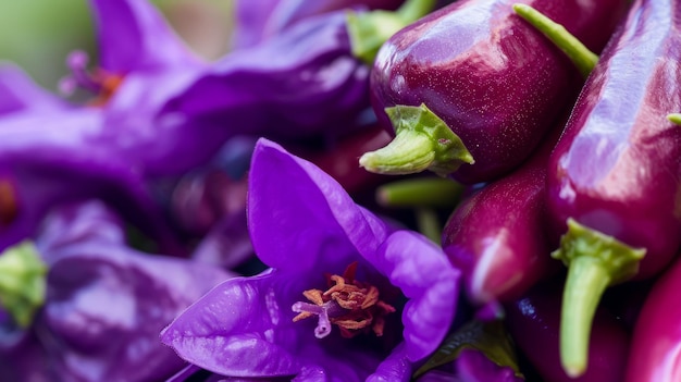 Pleasingly exquisite purple chili adorned with stunning purple blossom