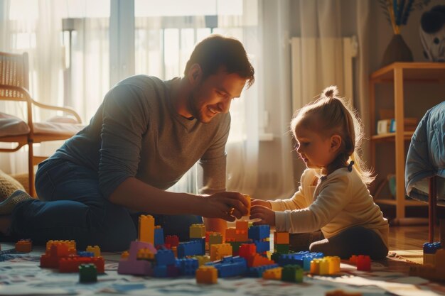 Pleegouder en kind spelen met bouwstenen in de woonkamer Liefde gezin en onderwijs