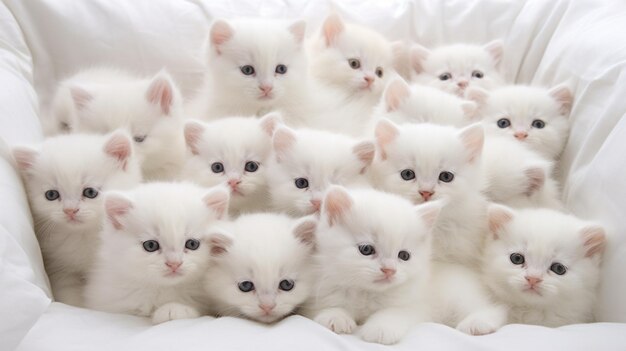 Plenty of charming white kittens on the white bed