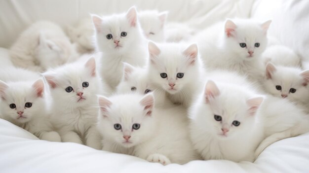 Plenty of charming white kittens on the white bed