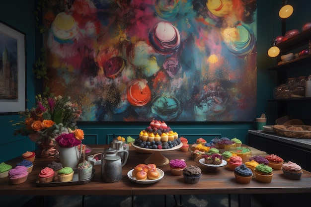 Plenty of colorful cupcakes in charming confectionery generative IA