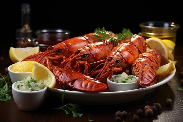 plenty of fresh tasty seafood on plate in restaurant