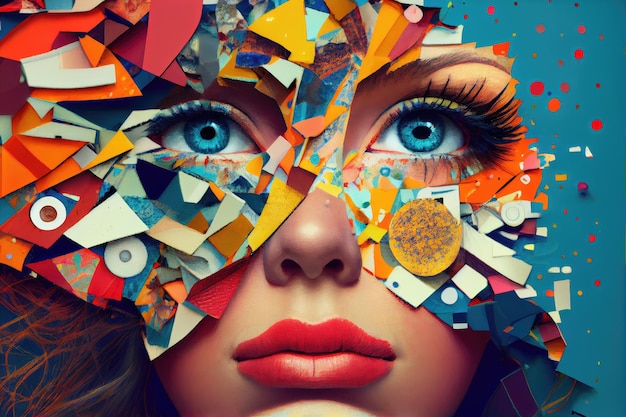 Plethora of colors and textures in collage face with quirky expressions