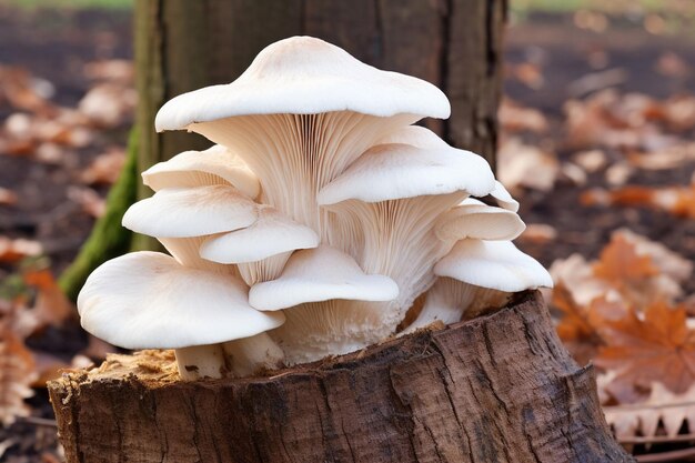 Photo pleurotus pulmonarius or white fairy mushroom placed on a piece of wood