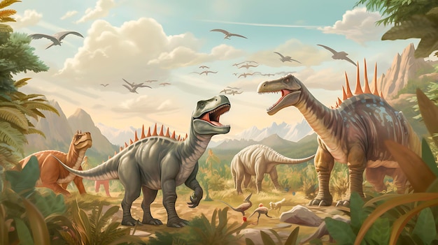 Plezier met cartoon dinosaurus in de jungle achtergrond Jurassic park thema vector illustratie