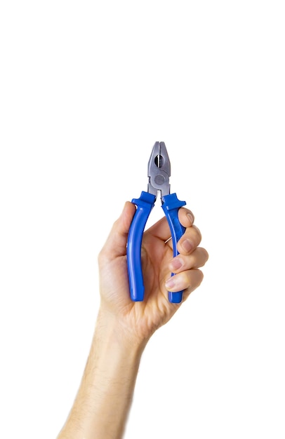 Photo pliers for repair in the hands of a male isolate. selective focus.