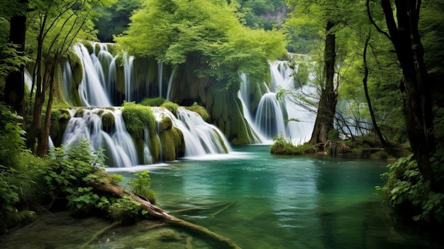 Plitvice lakes croatia cascading waterfalls crystal clear Created with Generative AI technology