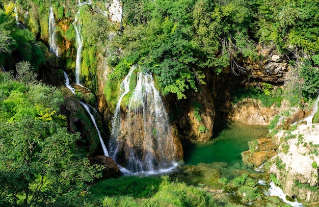 Plitvicemeren in Kroatië mooi de zomerlandschap met watervallen