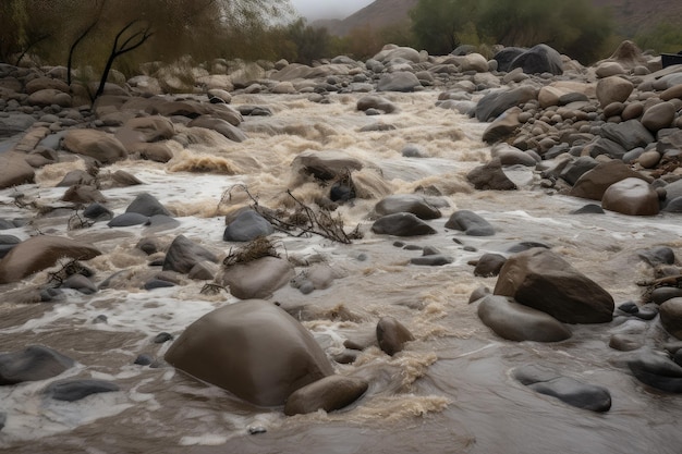 Plotselinge overstroming die over rotsen en puin op de rivierbedding raast