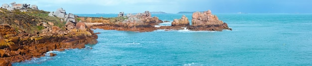 Ploumanach coast spring panorama Brittany France