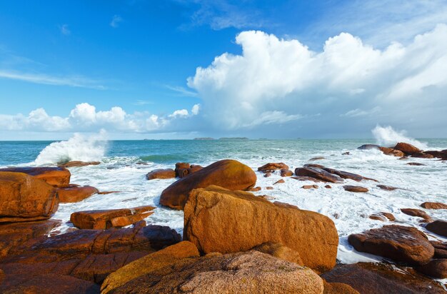 Vista della molla della costa di ploumanach (perros-guirec, bretagna, francia). la costa di granito rosa