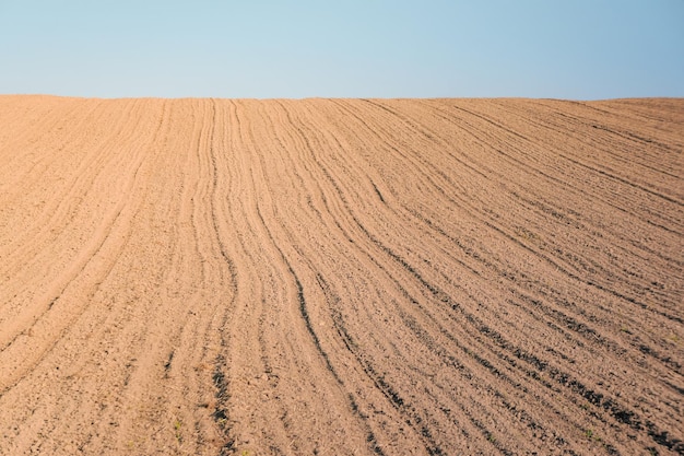 Plowed field after ploughing on the background is a blue sky