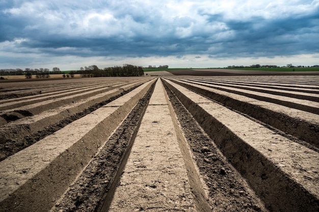 plowed field against cloudy sky