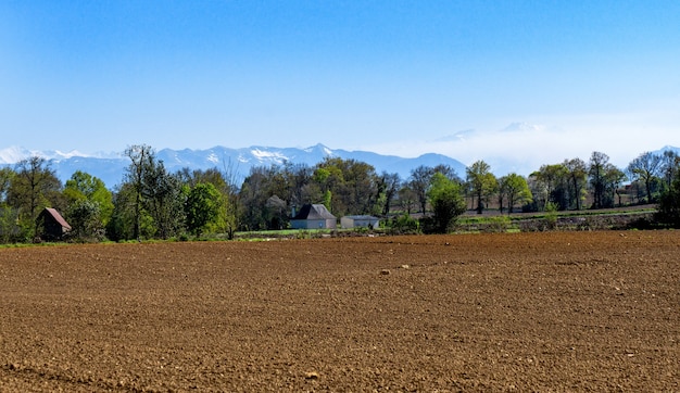 Foto campo arato con montagne dei pirenei