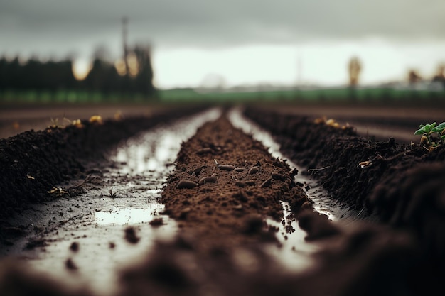 Plowed land of an agricultural field ready for planting or sowing in spring beds Agricultural land field Furrows from the plow Farm