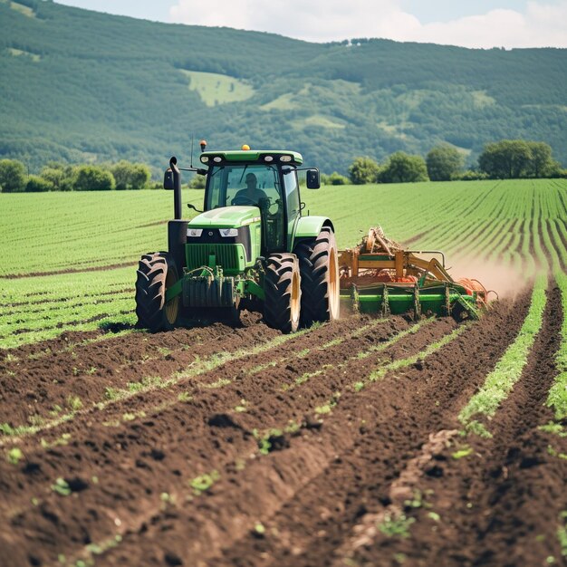 Foto aratura di campi agricoli con trattore