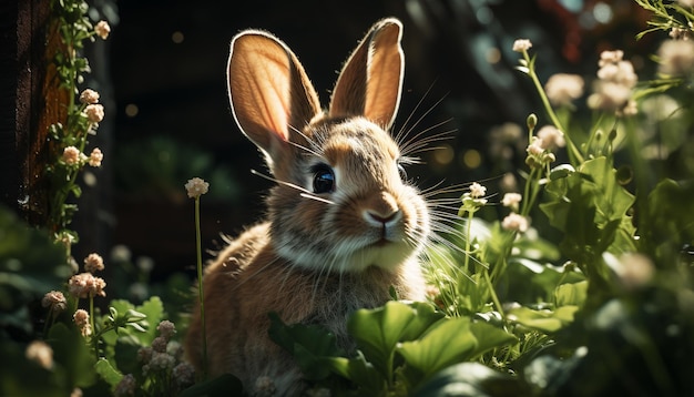 Pluizig babykonijn zittend in het gras genietend van de natuur gegenereerd door kunstmatige intelligentie