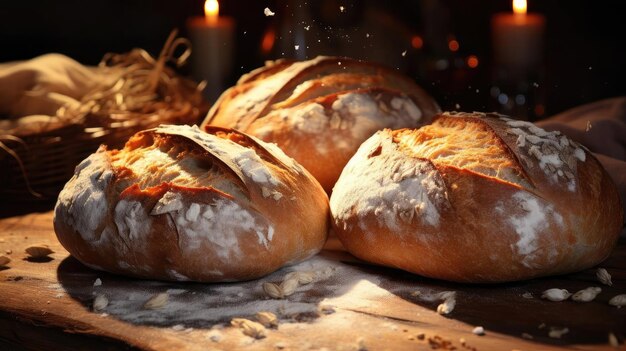 Pluizig brood bestrooid met witte suiker op een houten tafel met onscherpe achtergrond