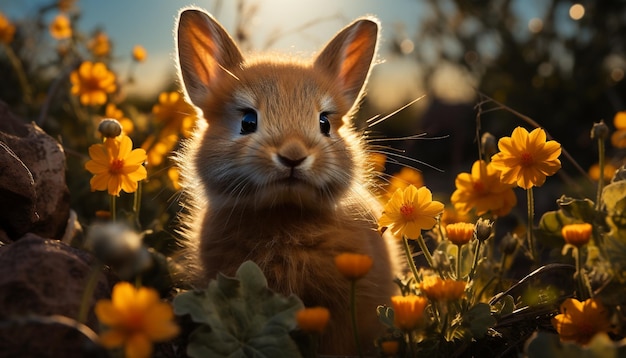 Pluizig jong konijn zit in de weide en geniet van de zomer gegenereerd door kunstmatige intelligentie