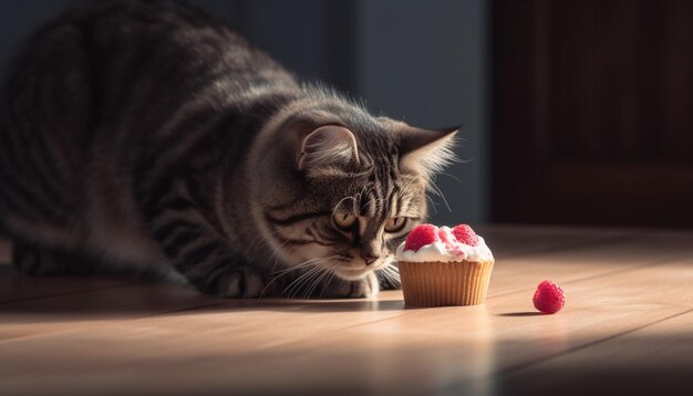 Pluizig katje geniet van een gastronomisch chocoladedessert op de keukentafel, gegenereerd door kunstmatige intelligentie