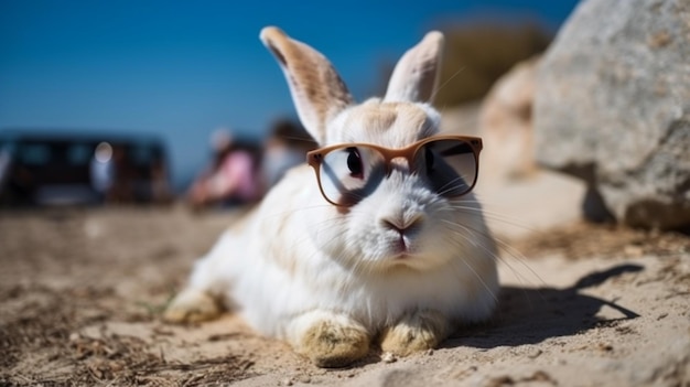 Pluizig konijn in zonnebril geniet van de zon op het strand Paasvakantie concept