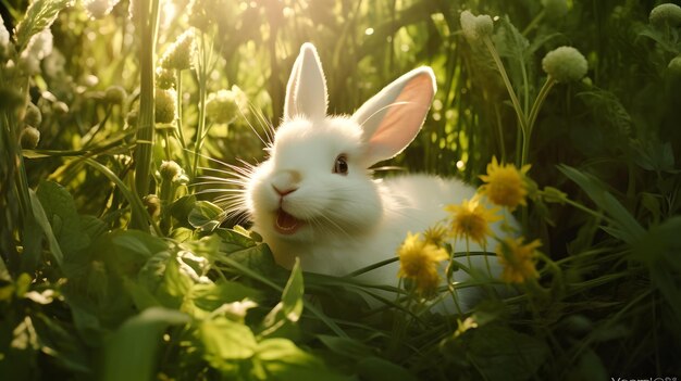 Pluizig konijn zittend op groen gras