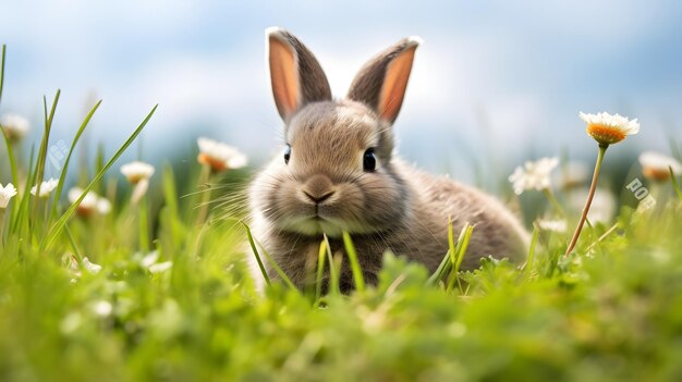 Pluizig konijn zittend op groen gras