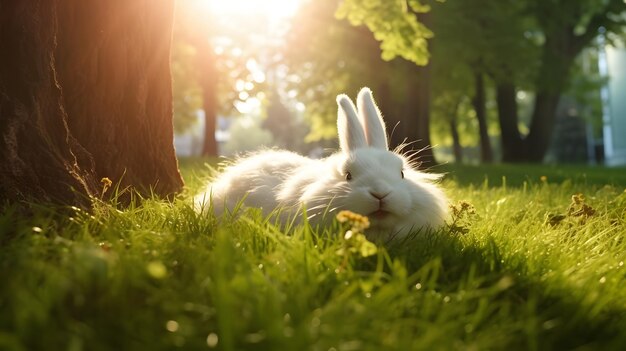 Pluizig konijn zittend op groen gras