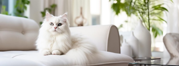 Pluizig witte kat rustend op de bank in de close-up van het appartement