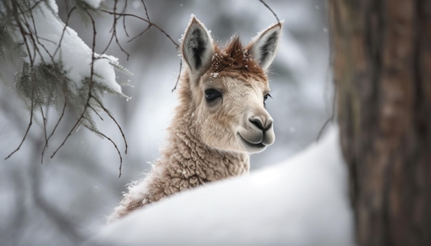 Pluizige alpaca poseert voor winterportret schattig gegenereerd door AI
