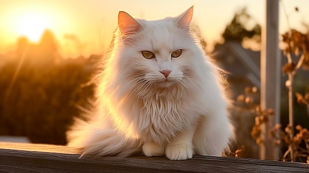 Pluizige kat wit bont Perzische kat zittend op een houten hek in de stralen van de ondergaande zon