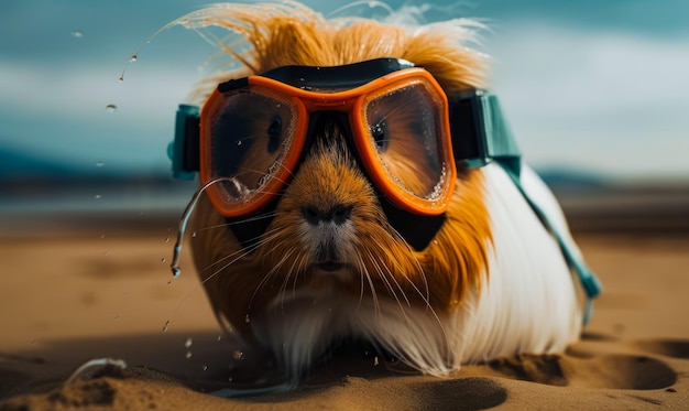 Pluizige rode en witte cavia met bril om te zwemmen Waterdruppels rond Leuk dier op het zandstrand Close-up Generatieve AI