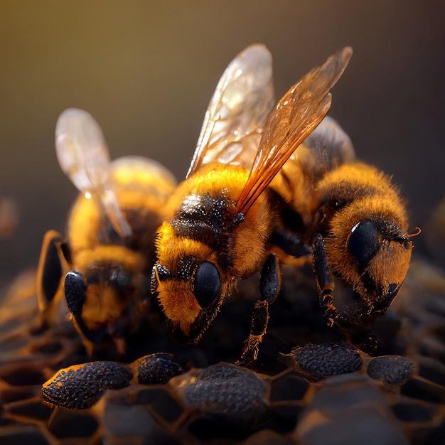 Pluizige werkbijen op de verzegelde honingraten Drukke insecten bedekt met stuifmeel Close-up Donkere achtergrond Generatieve AI