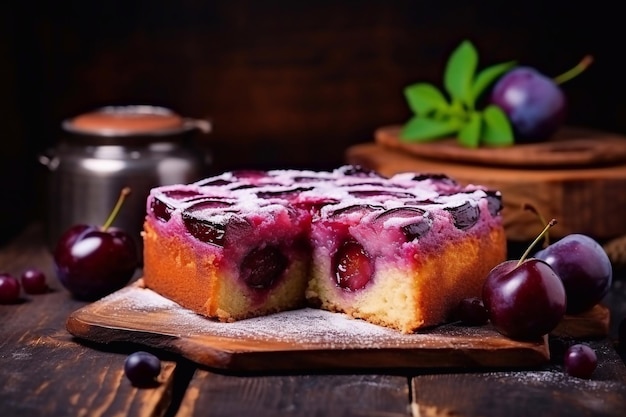 plum cake on wooden background with plums around